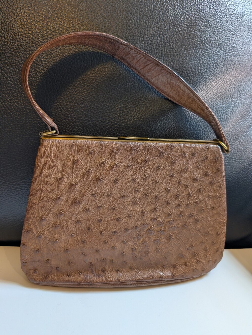 Brown Ostrich-Effect Leather Shoulder Bag